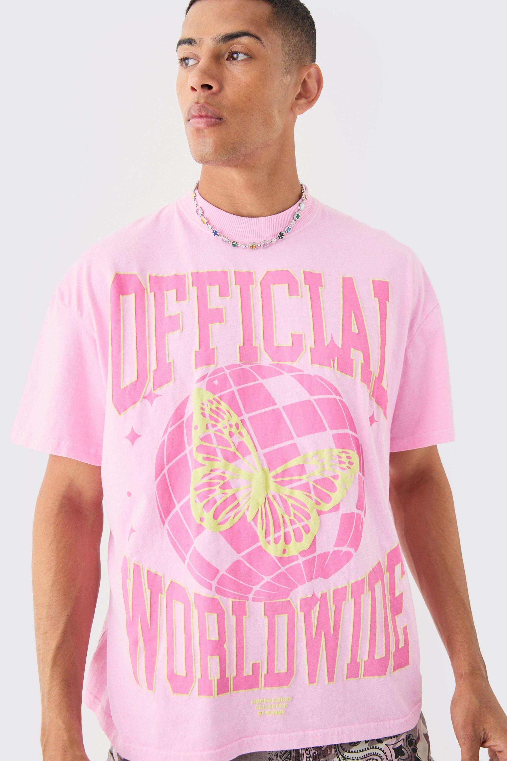 Mens Pink Oversized Extended Neck Puff Print Disco Ball Wash T-shirt, Pink Product Image