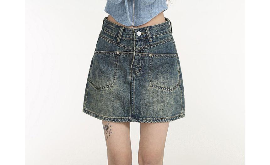 High-Waist Cargo Denim A-Line Skirt Product Image