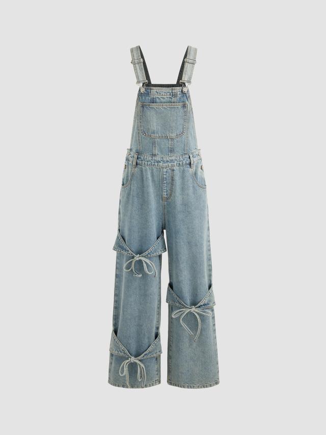 Denim Bowknot Buckle Up Pocket Wide Leg Jumpsuit Product Image