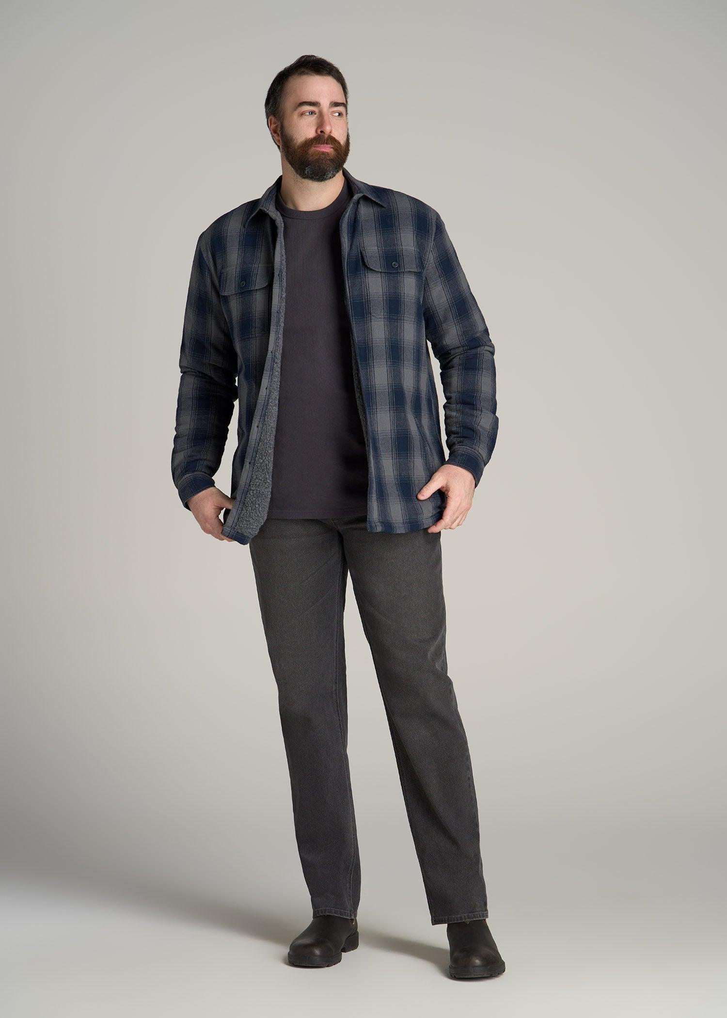 LJ&S Men's Tall Sherpa Lined Shirt Jacket in Midnight Navy & Medium Grey Plaid Product Image