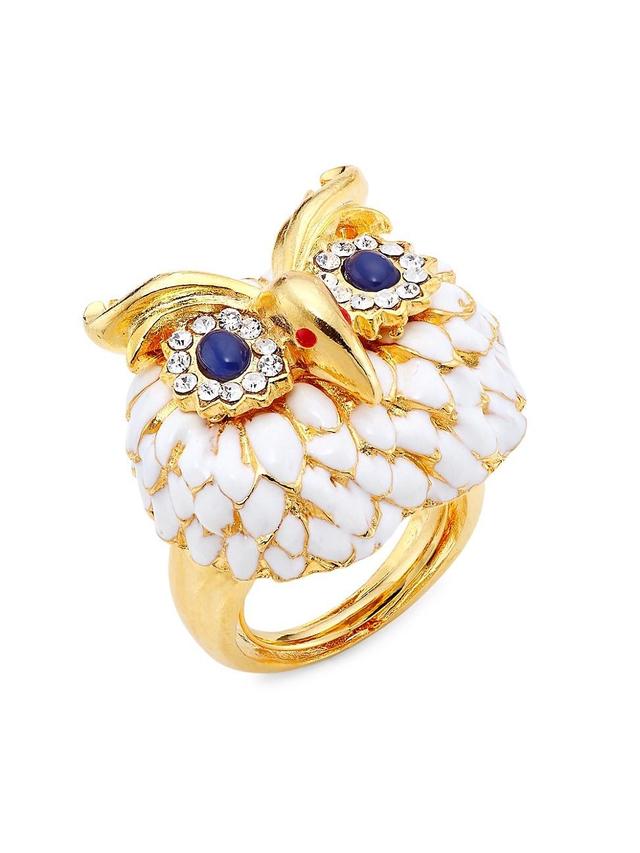 Womens 22K-Gold-Plated, Enamel & Rhinestone Owl Head Ring Product Image