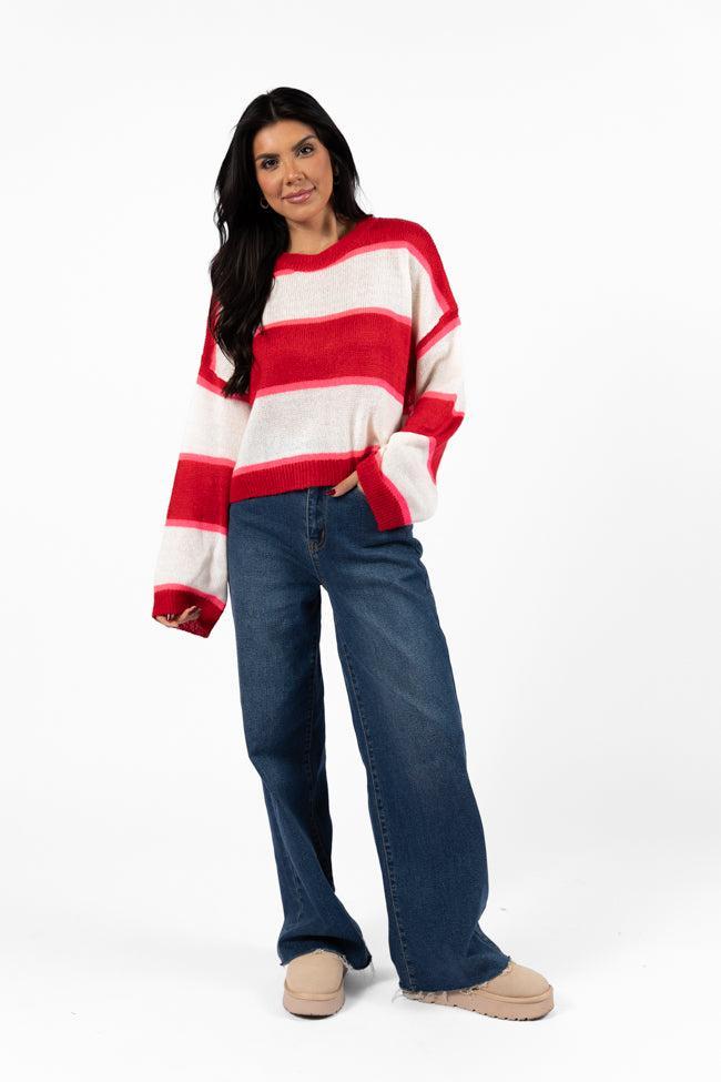 Don't Prove I'm Right Red And Pink Striped Sweater Product Image