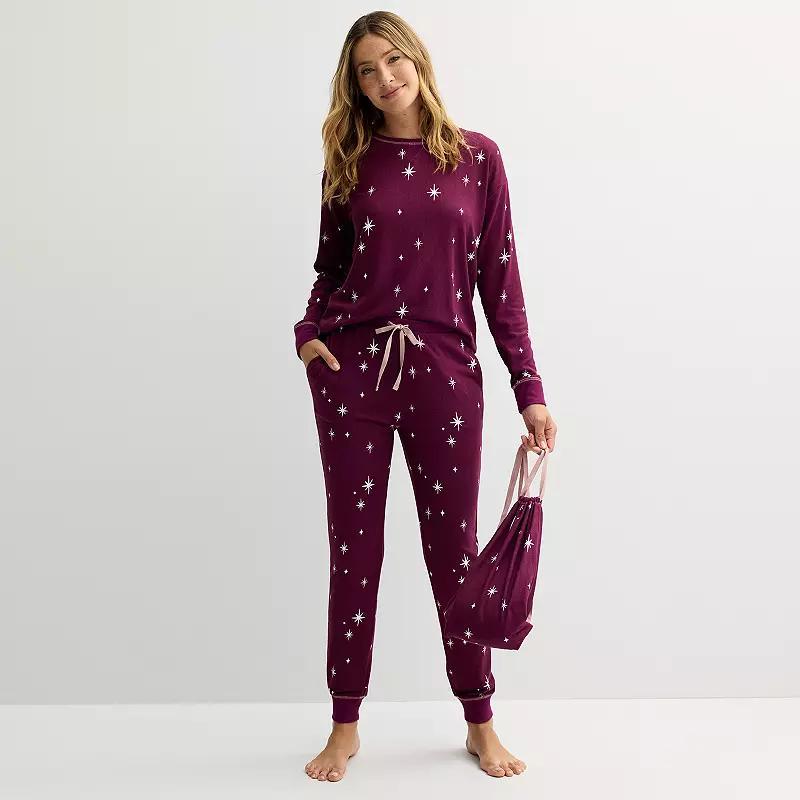 Womens Sonoma Goods For Life 3-Piece Snit Pajama Top, Pajama Pants & Pouch Set Ivory Tree Product Image