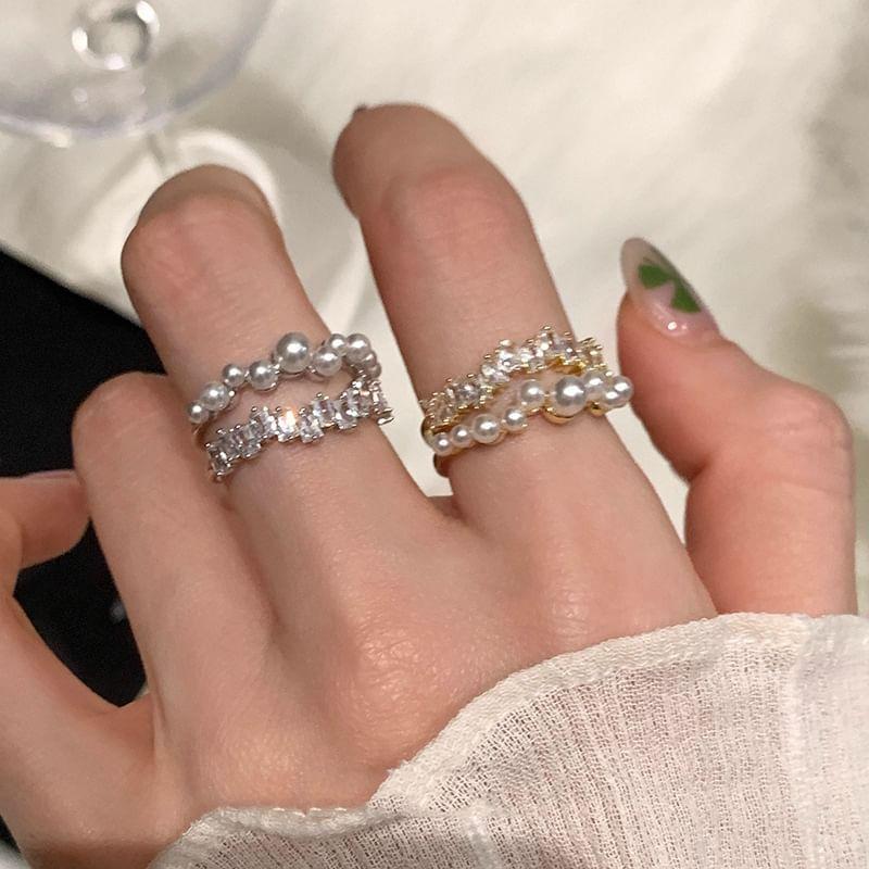 Faux Pearl Rhinestone Layered Alloy Open Ring Product Image