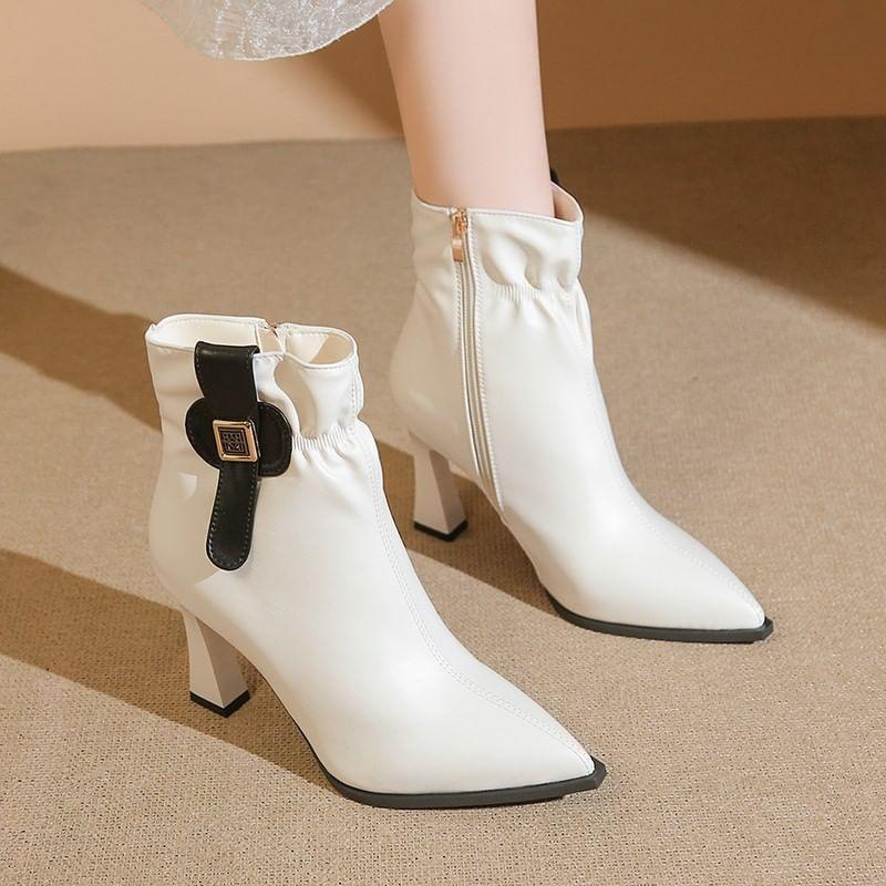 Chunky Heel Pointed Toe Ruched Zip-Up Faux Leather Short Boots Product Image