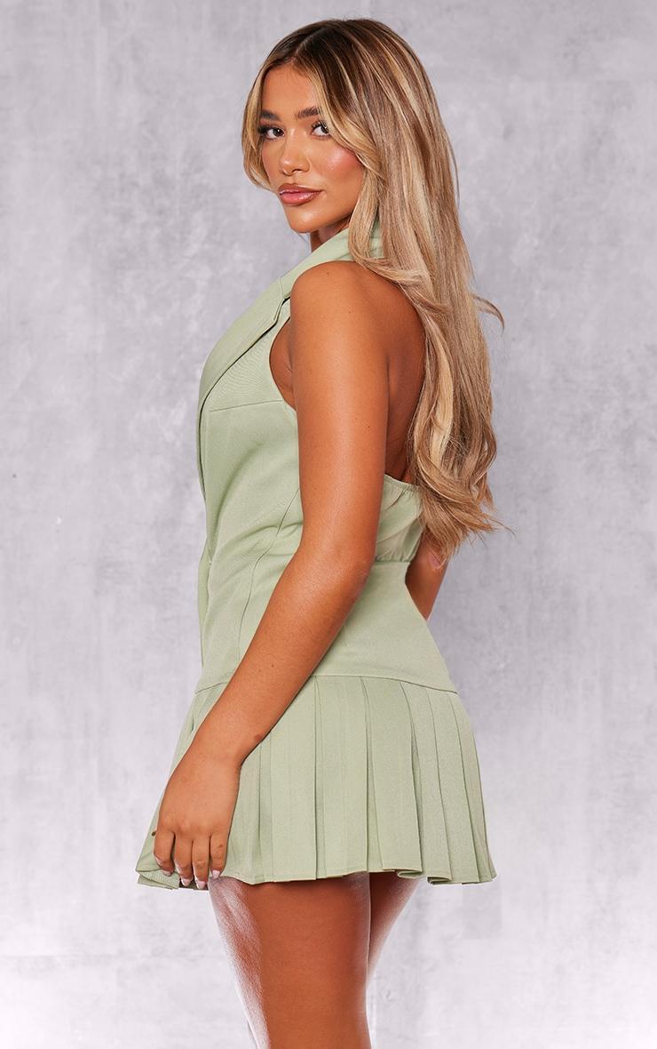 Sage Green Tailored Woven Halter Neck Pleated Skort Romper Product Image