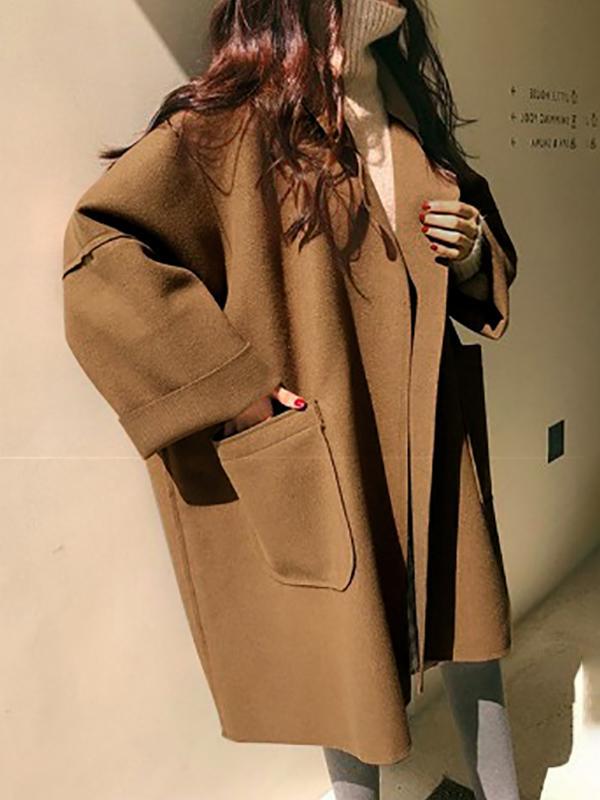 Long Sleeves Loose Buttoned Pockets Solid Color Split-Joint Notched Collar Woolen Coat Product Image