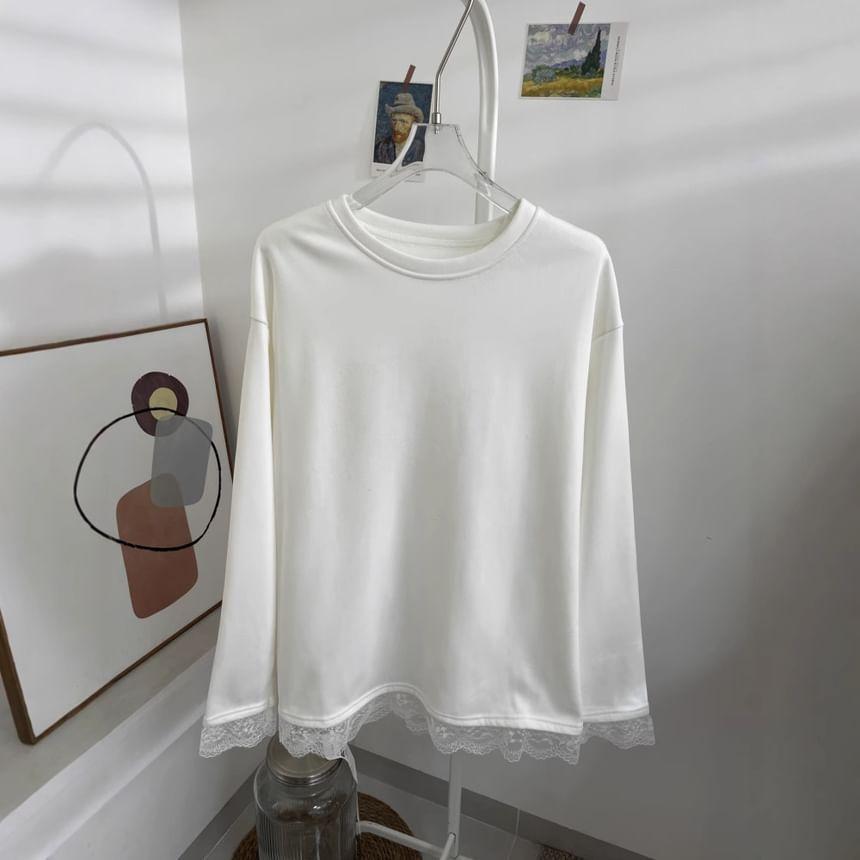 Long Sleeve Crew Neck Plain Lace Trim Tee Product Image