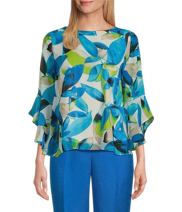 Kasper Lily Print Boat Neck Ruffle 3/4 Sleeve Blouse Product Image