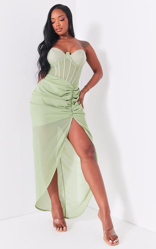 Shape Sage Green Corset Detail Sleeveless Ruched Midi Dress Product Image