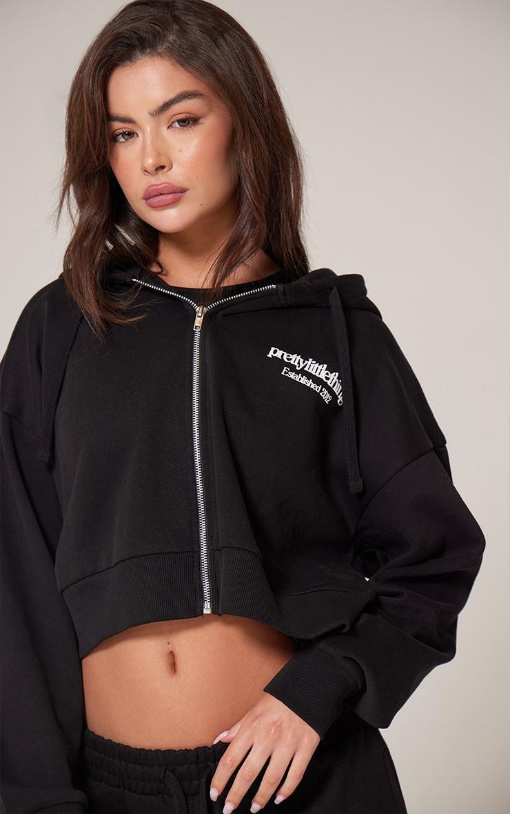 PRETTYLITTLETHING Black Premium Print Zip Front Hoodie product image