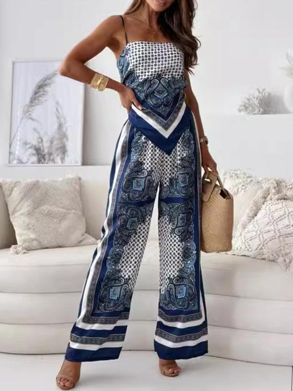 Fashion Printed Look-Younger Straps Vest Top & Casual Pants Bottoms Two Pieces Set Product Image