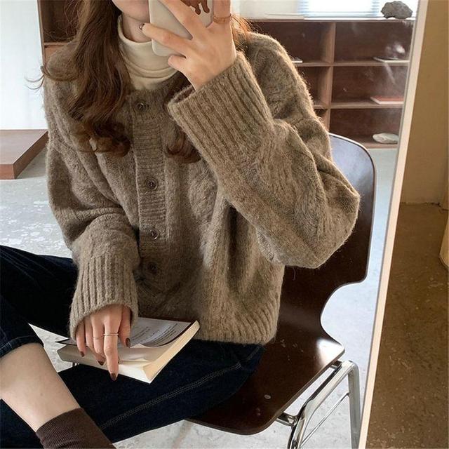 Round Neck Plain Cable-Knit Cardigan Product Image