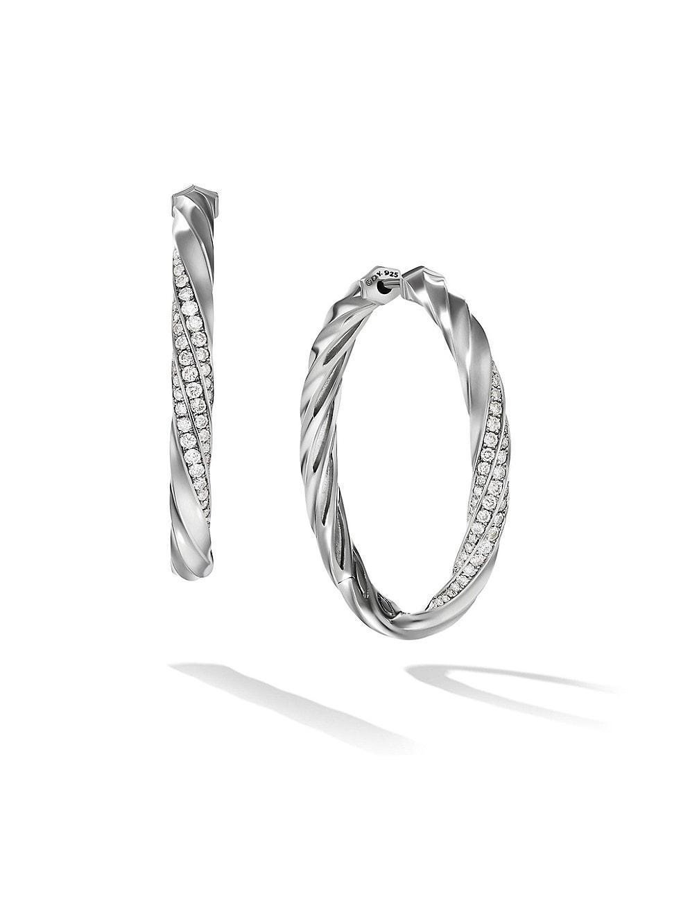 Womens Cable Sterling Silver & Diamond Hoop Earrings Product Image