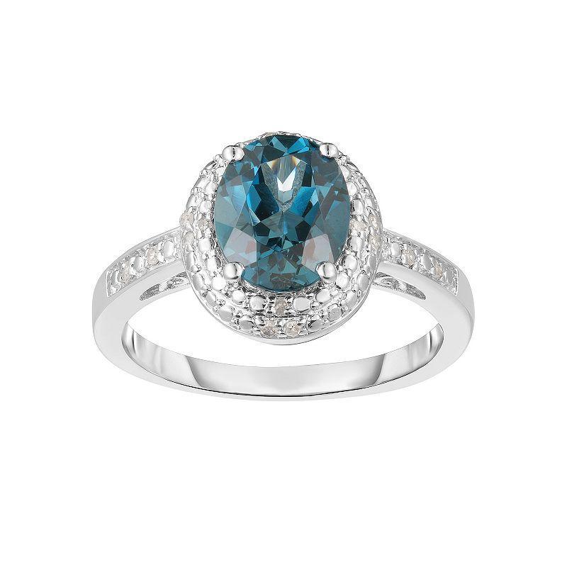 Sterling Silver London Blue Topaz & Diamond Halo Ring, Womens Product Image