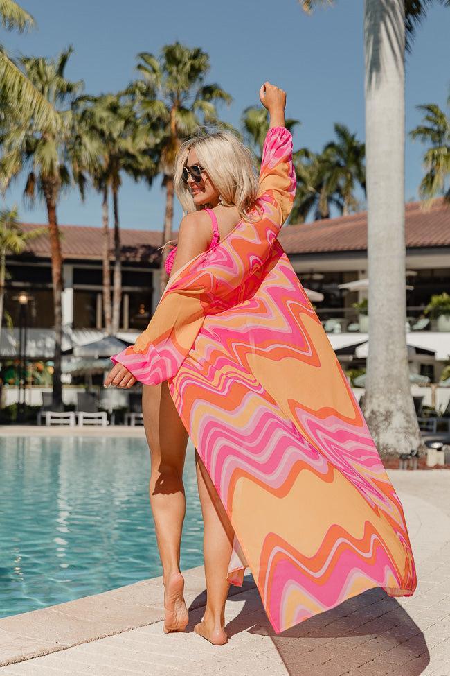 Eyes On Paradise in Serenity Swirl Pink and Orange Swirl Belted Kimono Cover Up Product Image