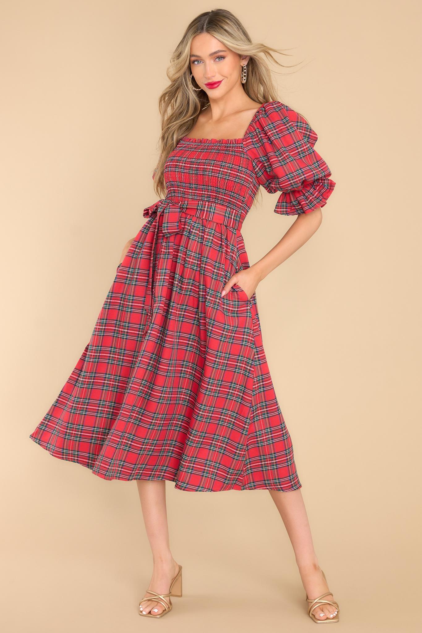 Aura Wishful Wonderland Red Plaid Midi Dress Product Image