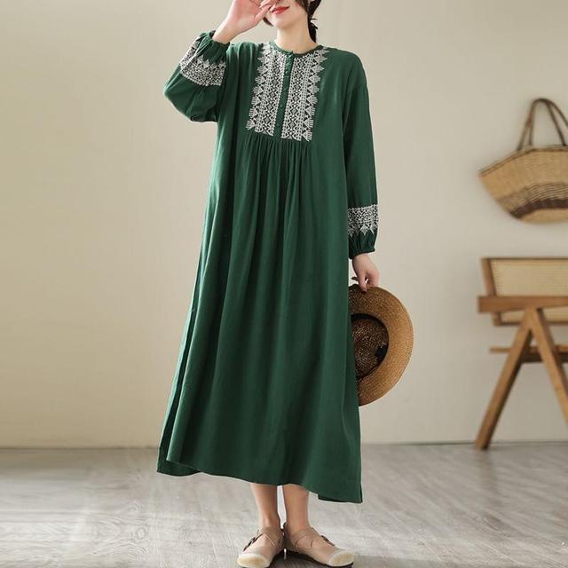 Puff-Sleeve Floral Embroidered Shirred Midi A-Line Dress Product Image