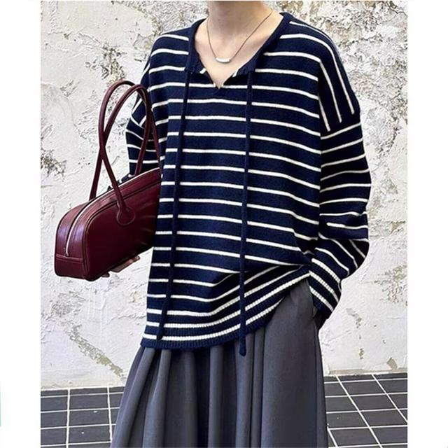 Long Sleeve Tie Neck Striped Knit Top Product Image