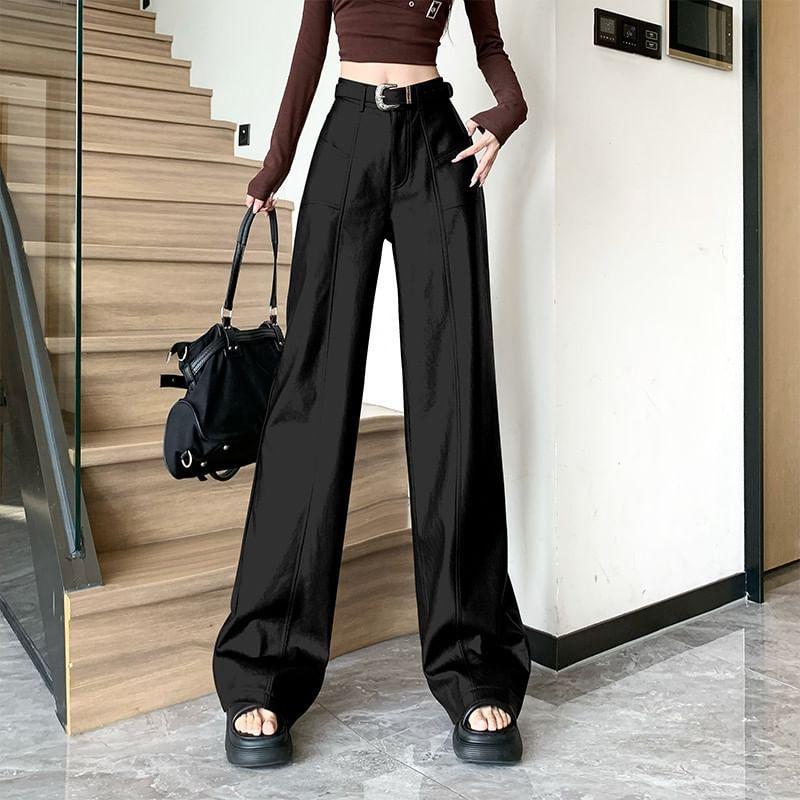 High Waist Plain Faux Leather Wide Leg Pants Product Image