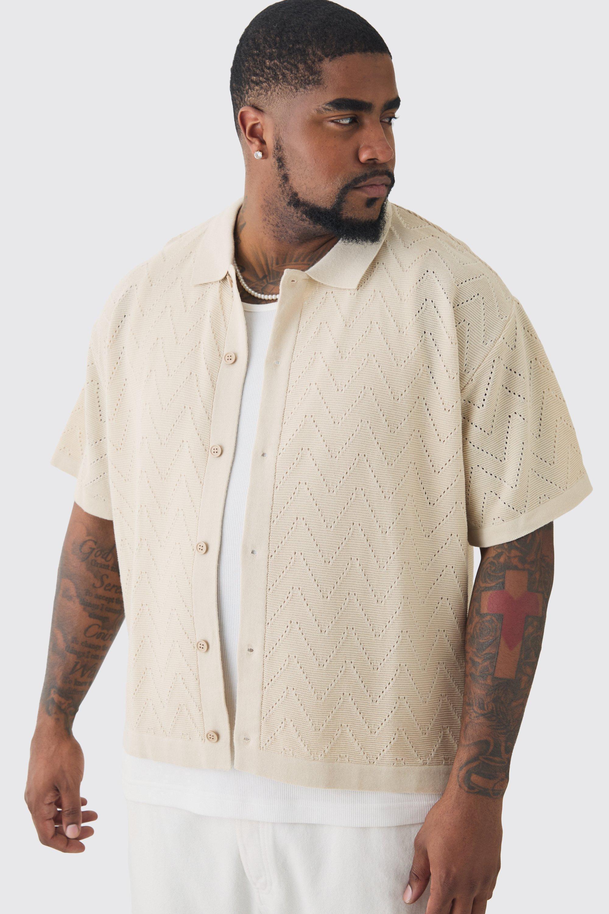 Plus Short Sleeve Boxy Open Stitch Knitted Shirt | boohooMAN USA Product Image