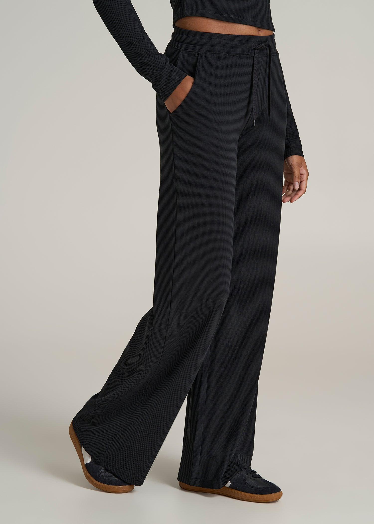 Mid Rise Waffle Wide Leg Pants for Tall Women in Black Female Product Image