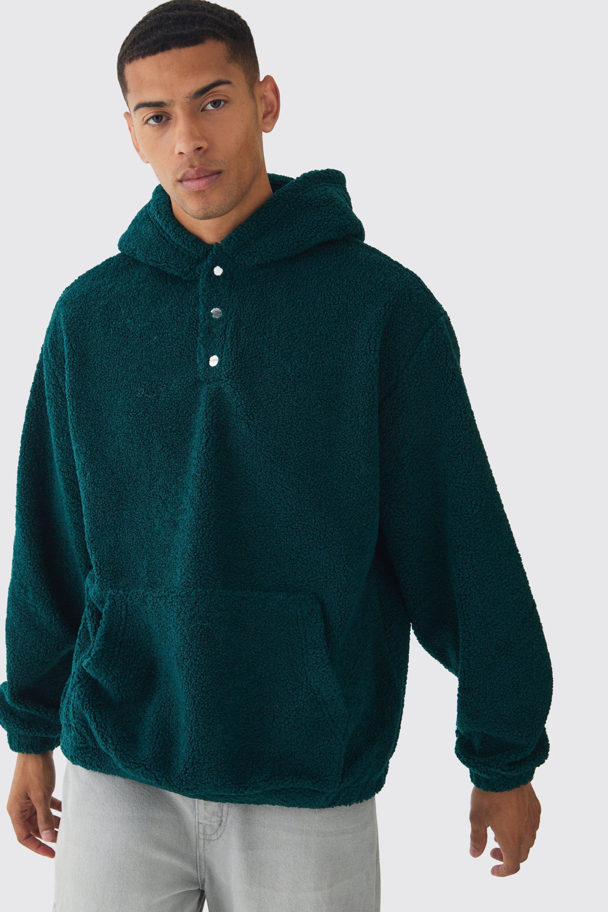 Mens Green Oversized Boucle Borg Popper Neck Hoodie, Green Product Image