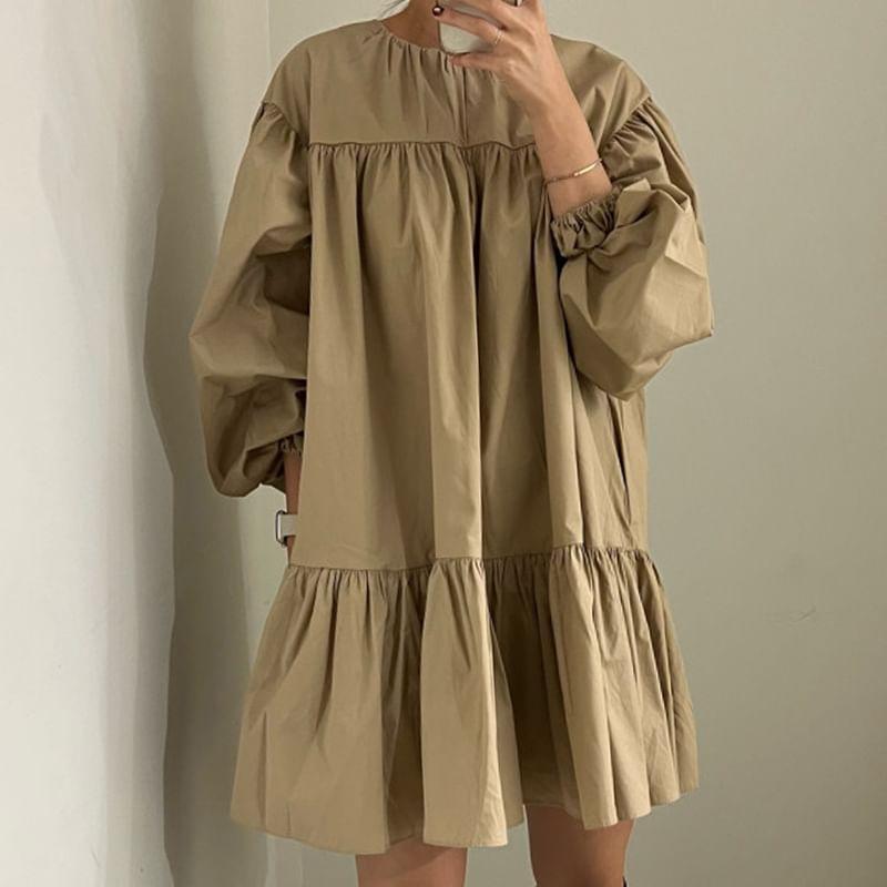 Long-Sleeve Crewneck Plain A-Line Dress Product Image