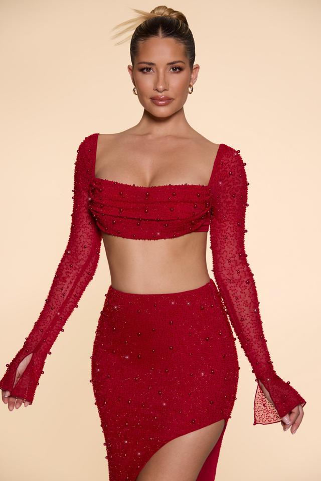 Embellished Cowl Neck Crop Top in Red Product Image