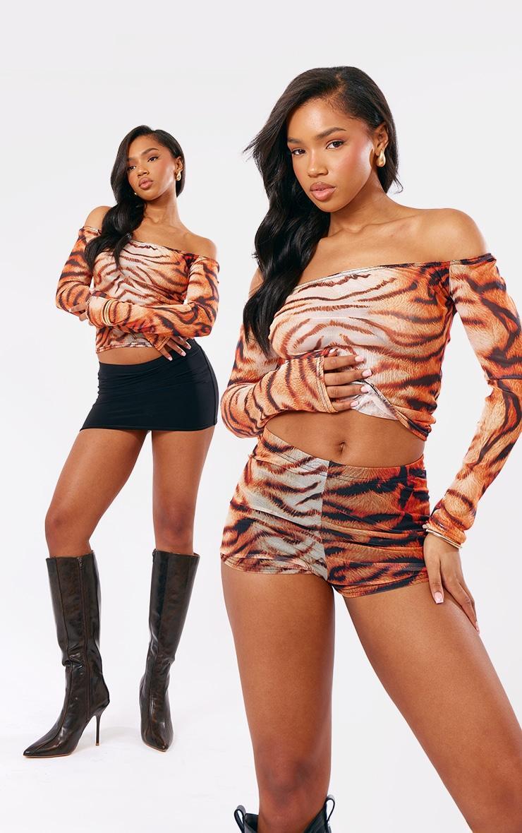 Tiger Print Mesh Long Sleeve Bardot Top Product Image