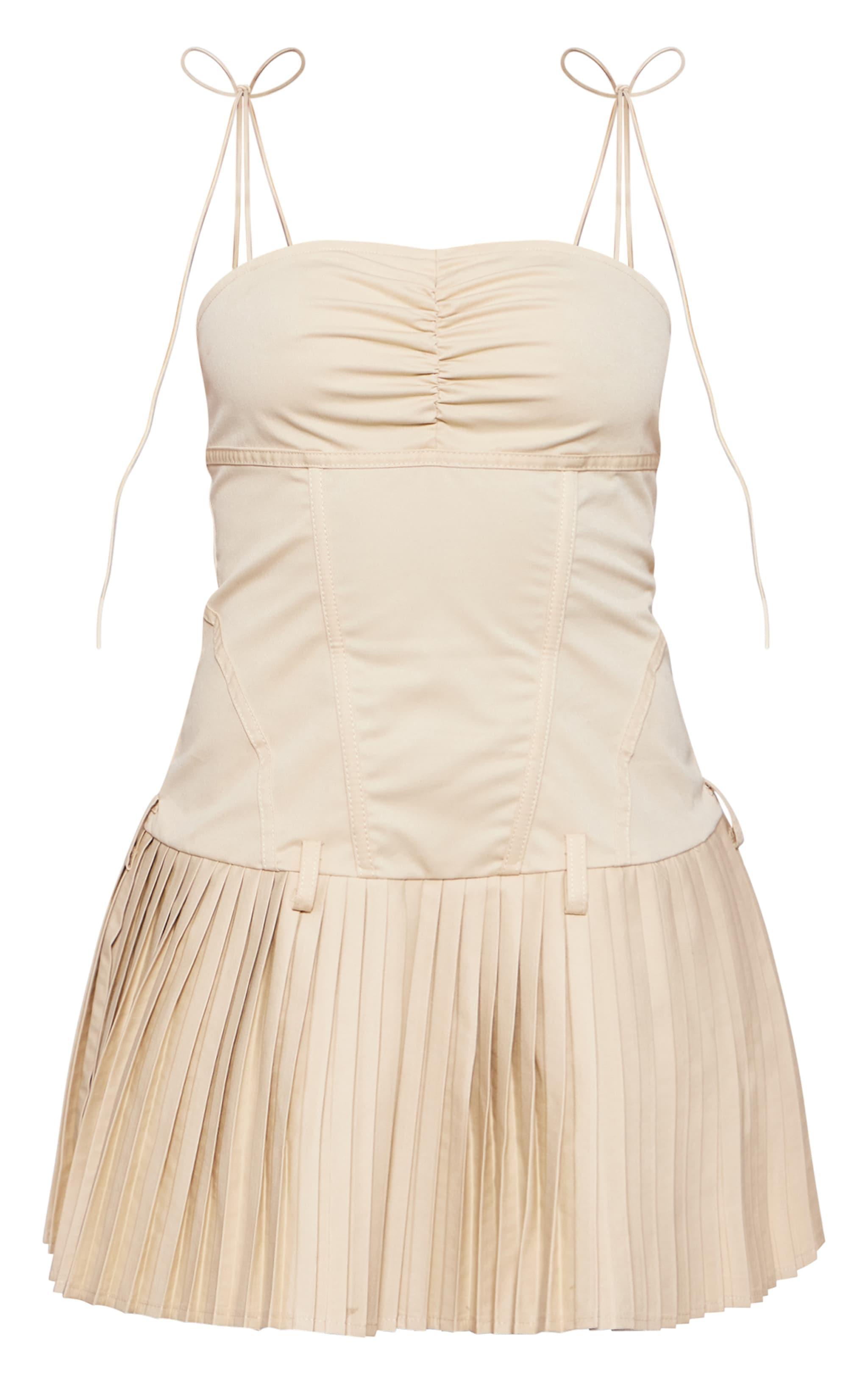 Camel Tailored Woven Corset Pleated Shift Dress Product Image