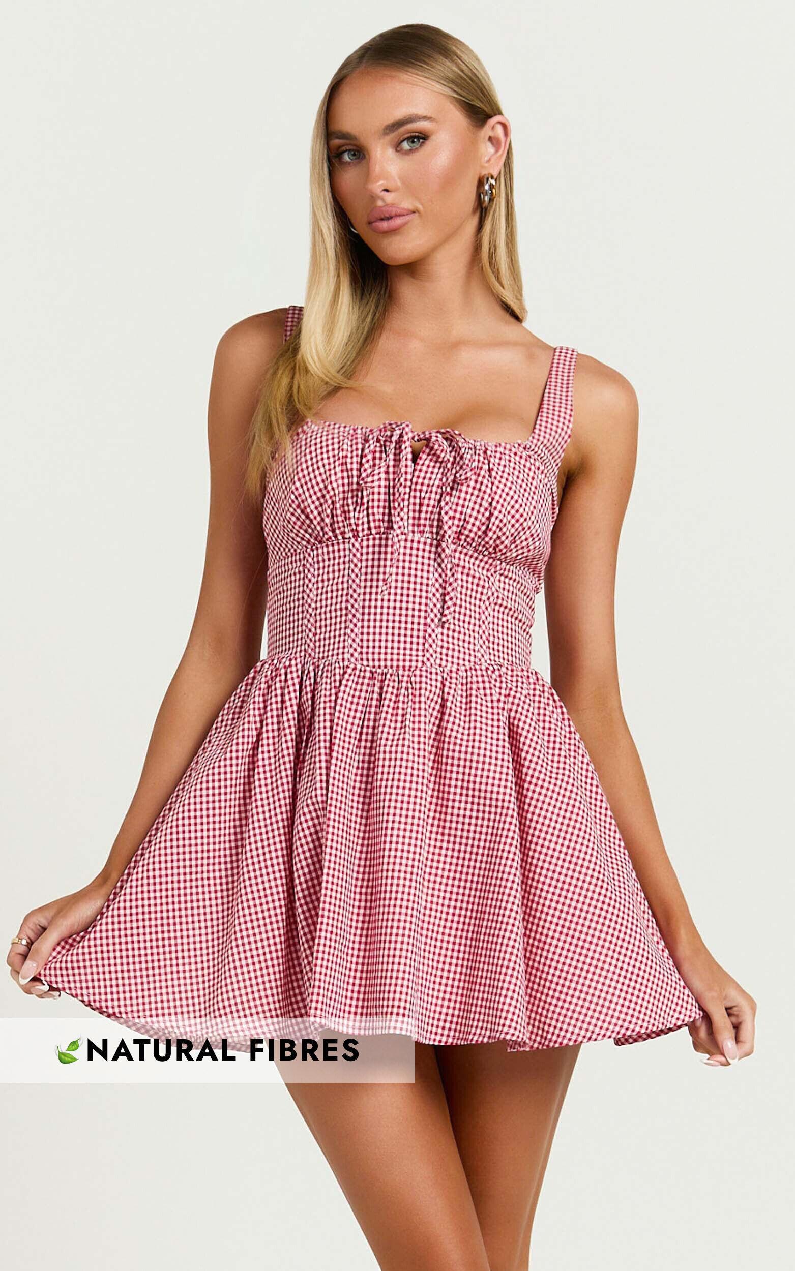 Keegan Mini Dress - Ruched Bust Front Tie Gathered Skirt Dress in Red Gingham Product Image