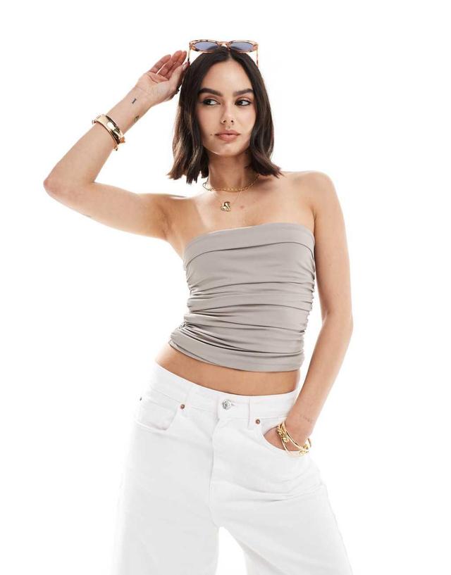 Stradivarius ruched detail jersey top in beige Product Image