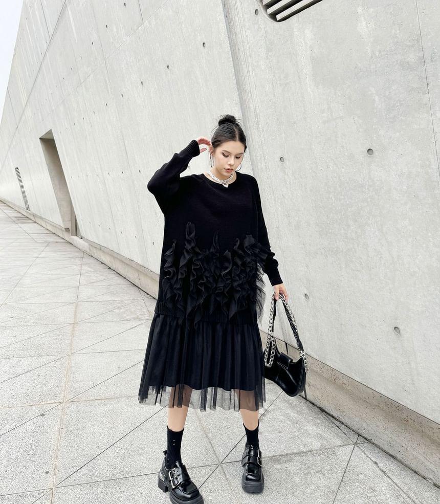 Long Sleeve Round Neck Plain Frill Panel Mesh Midi A-Line Dress Product Image