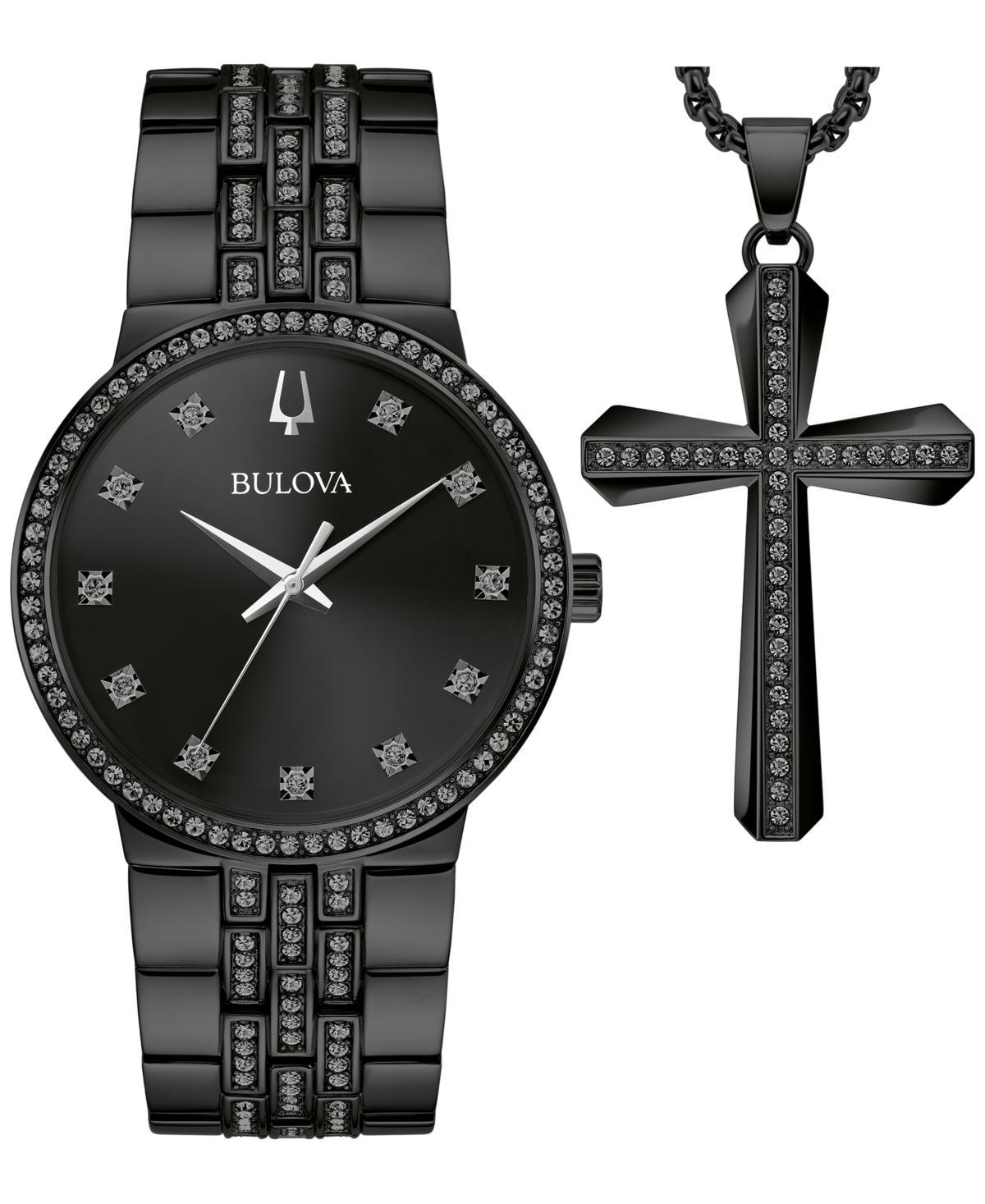 Bulova Mens Classic Crystal Black-Tone Stainless Steel Bracelet Watch 40mm Gift Set Product Image