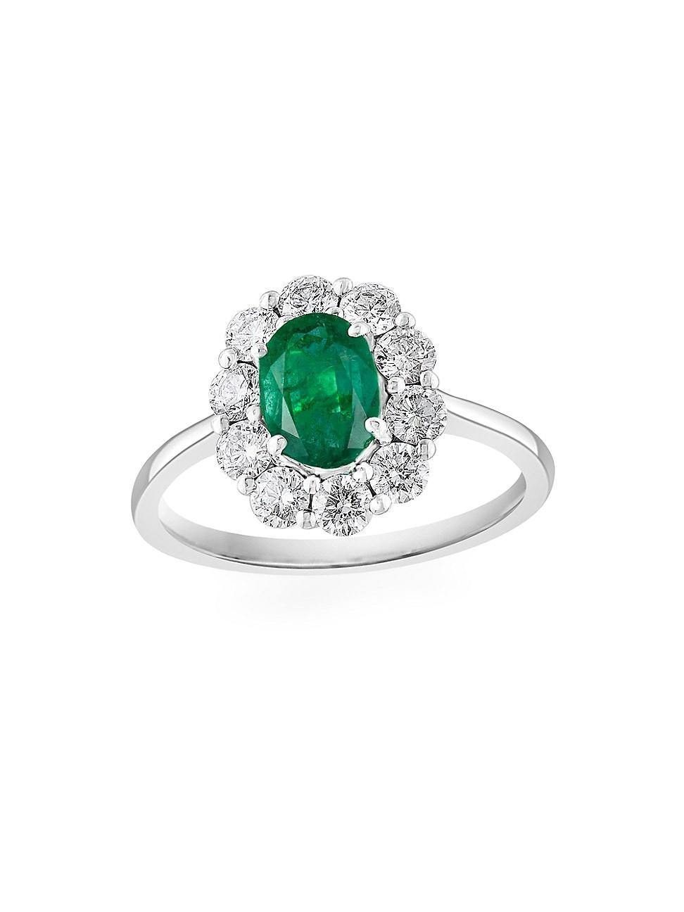 Womens 14K White Gold, Emerald & 0.62 TCW Diamond Halo Ring Product Image