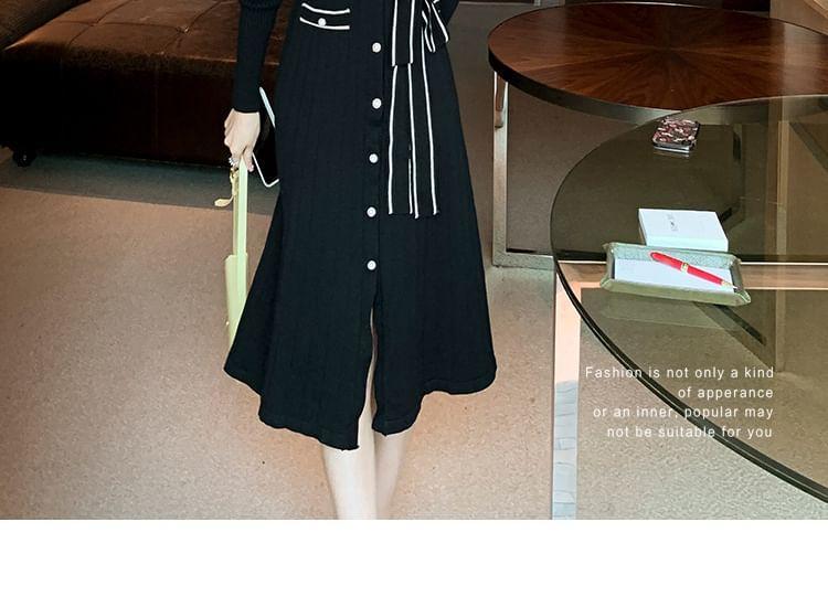 Long-Sleeve V-Neck Contrast Trim Button Ribbed Midi A-Line Knit Dress Product Image