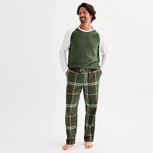 Mens Sonoma Goods For Life Long Sleeve Shirt & Flannel Pants Pajama Set Green White Plaid Product Image