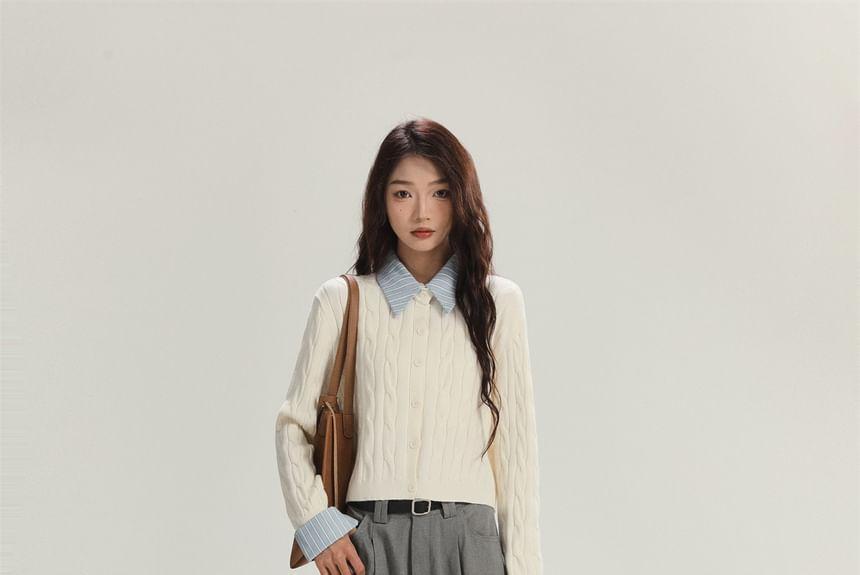 Collared Mock Two-Piece Striped Panel Cable Knit Button-Up Crop Cardigan Product Image