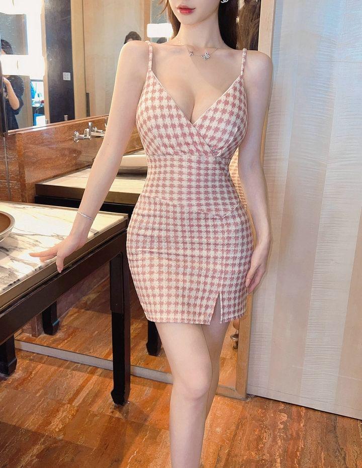 Spaghetti Strap Houndstooth Slit Mini Bodycon Dress Product Image