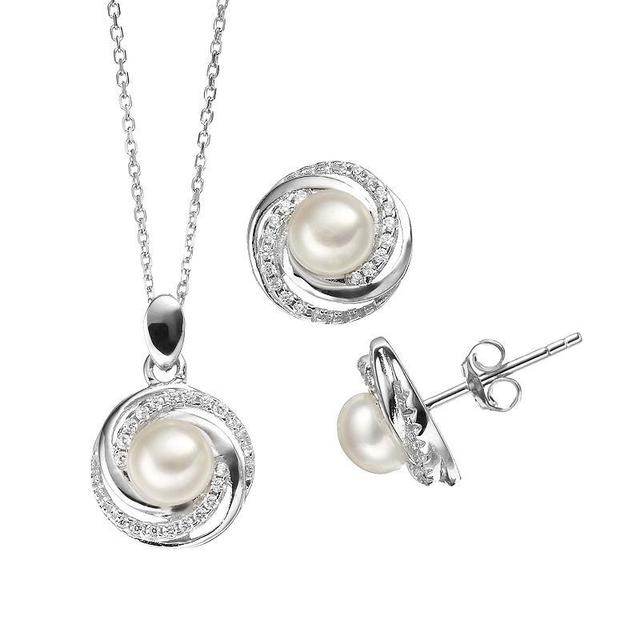 Freshwater Cultured Pearl & Cubic Zirconia Sterling Silver Halo Pendant Necklace & Button Stud Earring Set, Womens White Product Image