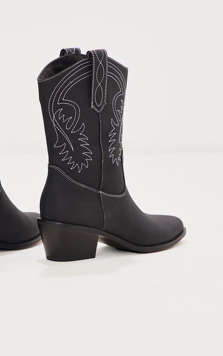 Black Faux Leather Pointed Stitch Detailing Calf Western Boots Product Image