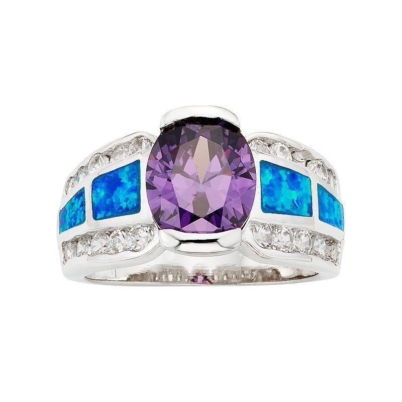 Cubic Zirconia & Lab-Created Blue Opal Sterling Silver Ring, Womens Multicolor Product Image