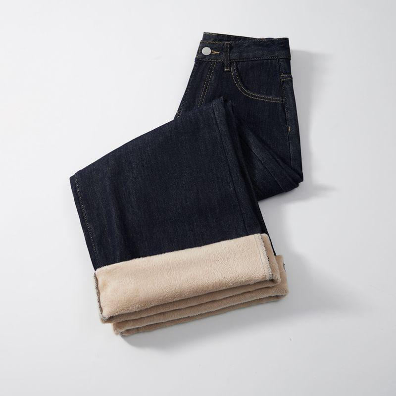 High Rise Fleece Lined Plain Wide Leg Jeans (Various Designs) Product Image