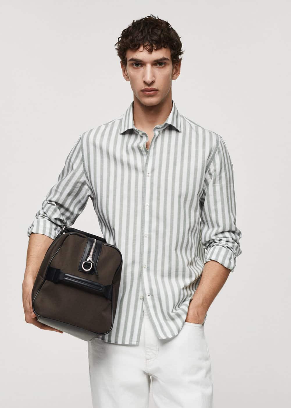 MANGO MAN - Regular fit striped cotton shirt greenMen Product Image