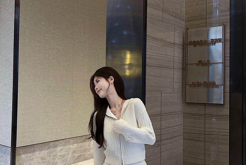 Long-Sleeve Hooded Plain Zip Cardigan / Mid Rise Plain Wide Leg Pants Product Image