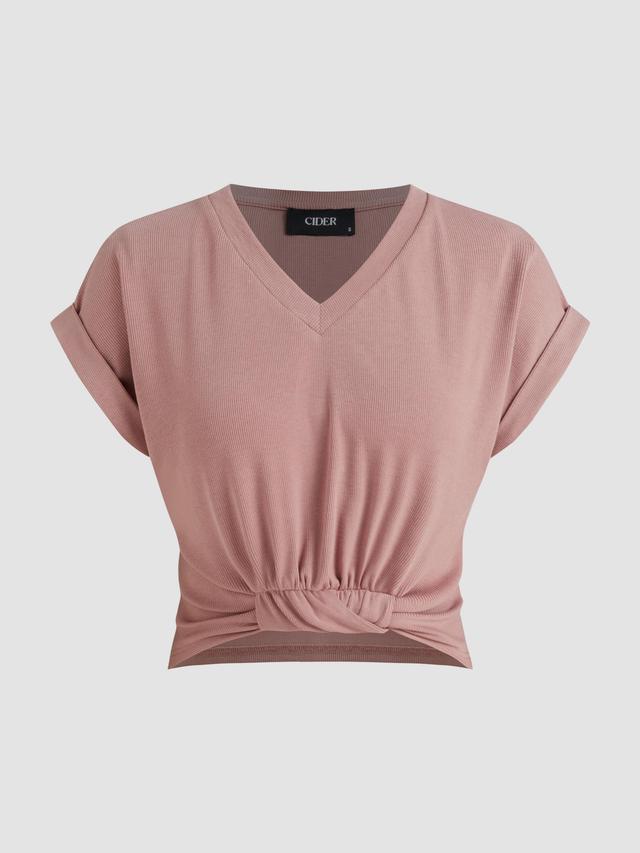 V-neck Solid Ruched Crop Top Product Image