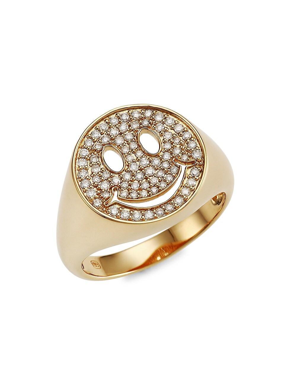 Womens 14K Yellow Gold & Diamond Happy Face Signet Ring Product Image