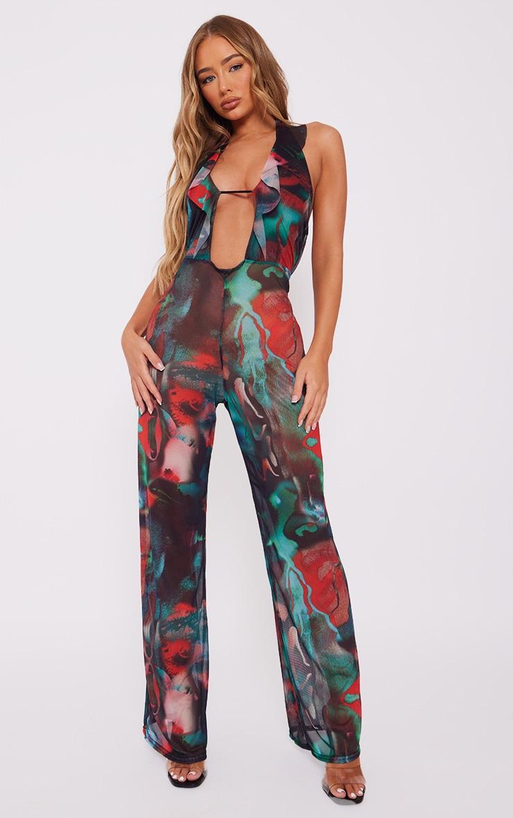  Multi Grunge Print Frill Wide Leg Halterneck Jumpsuit Product Image