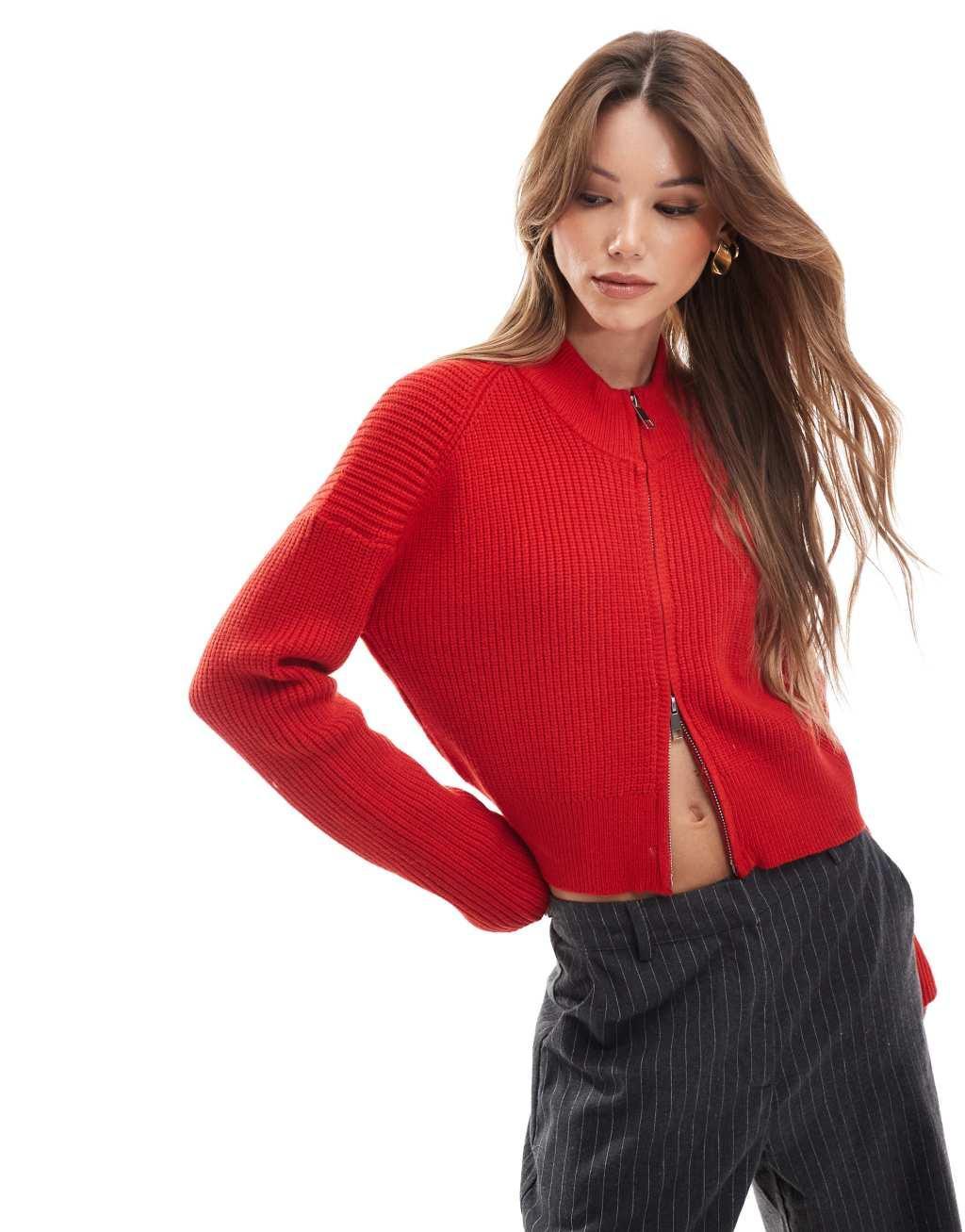 Pull&Bear zip through micro cardigan in red Product Image